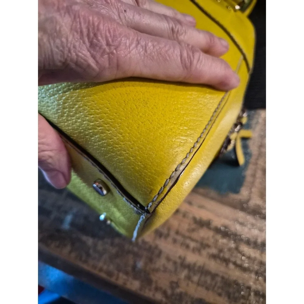 Kate Spade New York Yellow Pebbled Leather Satchel Handbag Zip‎ Pocket Polka Dot